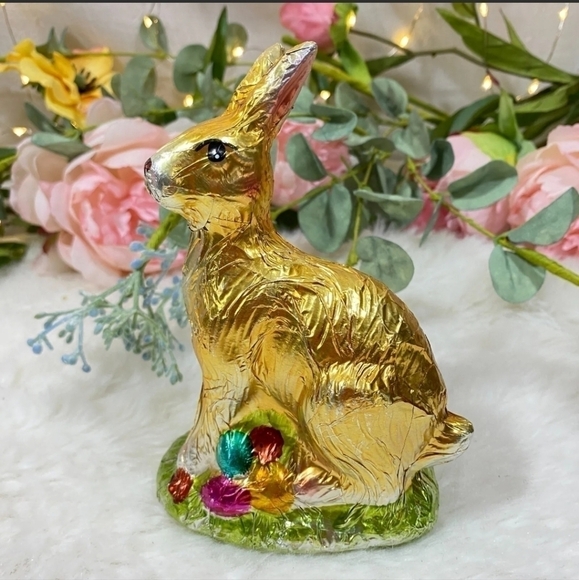 SPRING EASTER Bunny Rabbit Faux FOIL CHOCOLATE Egg Gold Figure Statue New - Picture 1 of 3